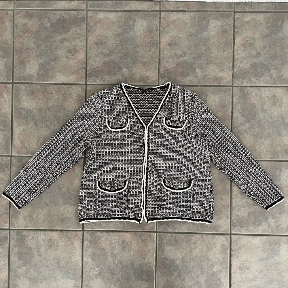 Talbots‎ Tipped Tweed Sweater Jacket Womens Black White Open Front Cardigan XL P